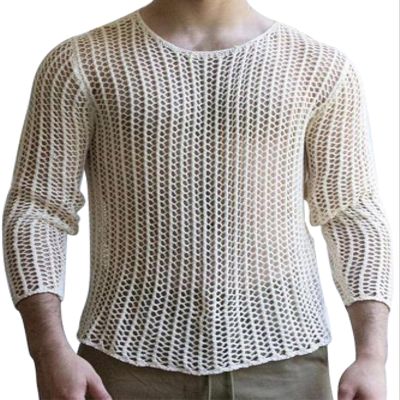 Men's Long Sleeve Crochet Knit Tee Summer White Round Neck Casual T Shirt Tops Sheer See Through Sweater Shirts Party Clubwear
