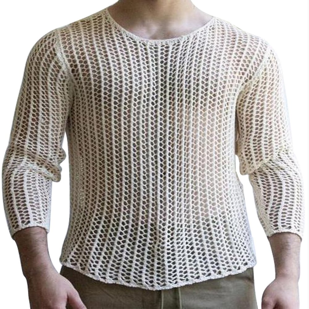 Men's Long Sleeve Crochet Knit Tee Summer White Round Neck Casual T Shirt Tops Sheer See Through Sweater Shirts Party Clubwear
