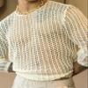 Men's Long Sleeve Crochet Knit Tee Summer White Round Neck Casual T Shirt Tops Sheer See Through Sweater Shirts Party Clubwear view 2
