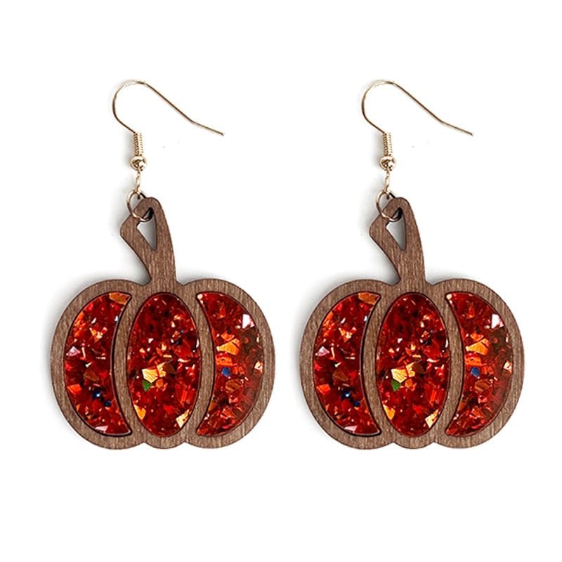 Zhang shine Thanksgiving Earrings Handmade Autumn Pumpkin Red Glitter Resin Wood Earring for Women Thanksgiving Day Fall Jewelry Gift