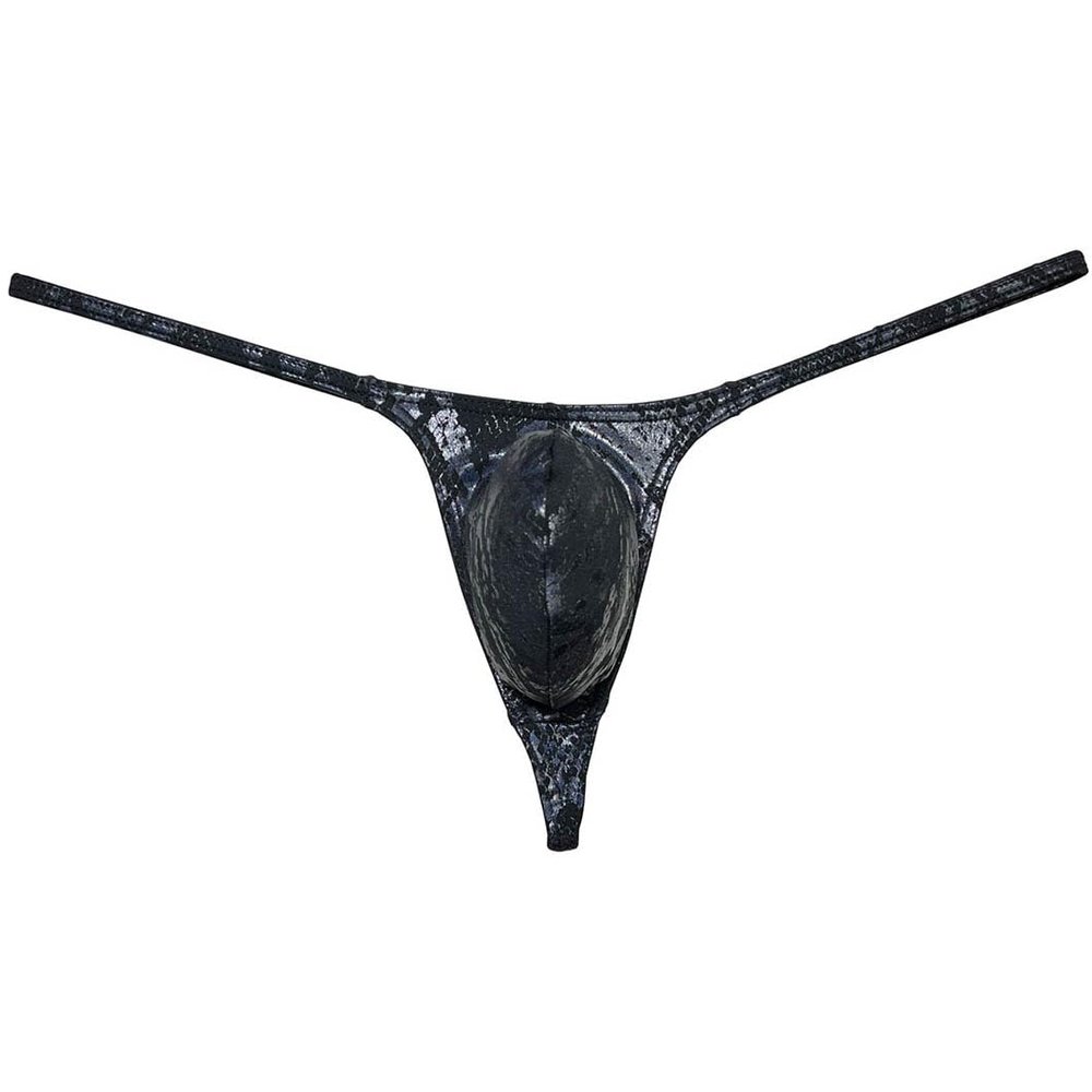 Botmois Men's Shiny Metallic G-string Thong Underwear Male Contour Pouch Bikini Tangas Underpants Soft & Stretchy Swim T-back Python Black M