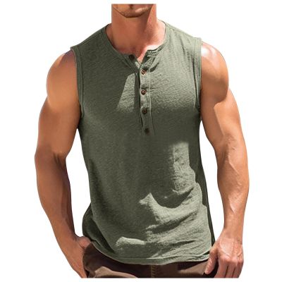 Men's Sleeveless Henley Tank Tops Summer Casual Cotton Regular Fit Button Up T-Shirt Fitness Workout Yoga Beach Muscle Vest Green