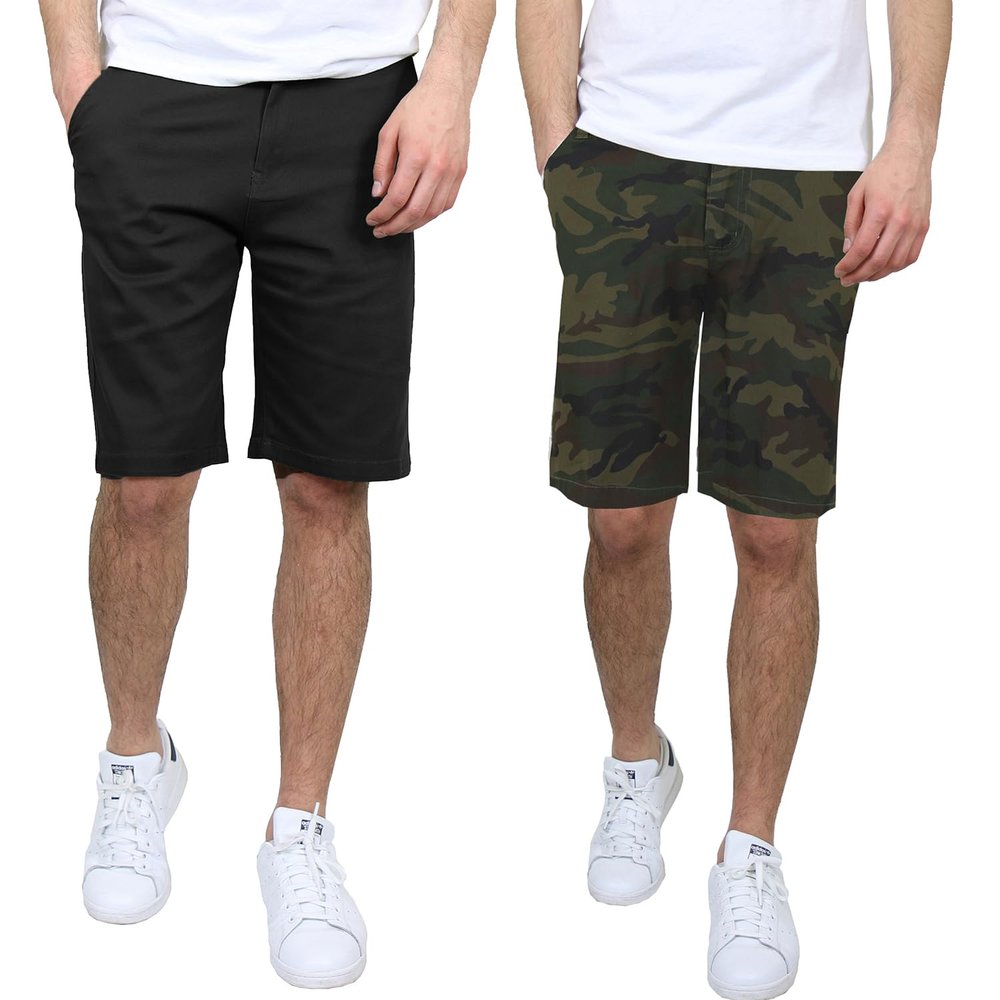 Men's Flat Front Stretch Twill Chino Shorts, Classic Cotton Blend Short with Multi Pocket 2-Pack