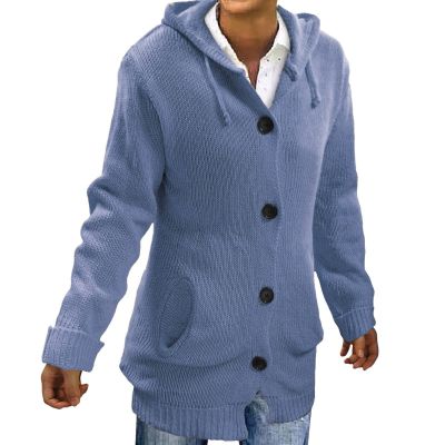 ZYXTIM Cable Knit Cardigan Sweaters for Women Plus Size Button Hooded Drawstring Thicken Warm Vintage Sweater Coat Outwear Blue