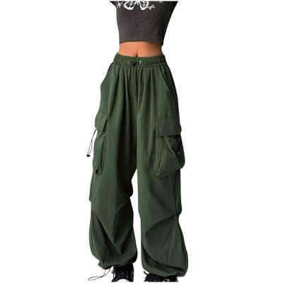 Cargo Pants Women Baggy Parachute Drawstring Elastic Waist Casual Wide Leg Trendy Y2K Teen Girls Loose Hiking Trousers Green