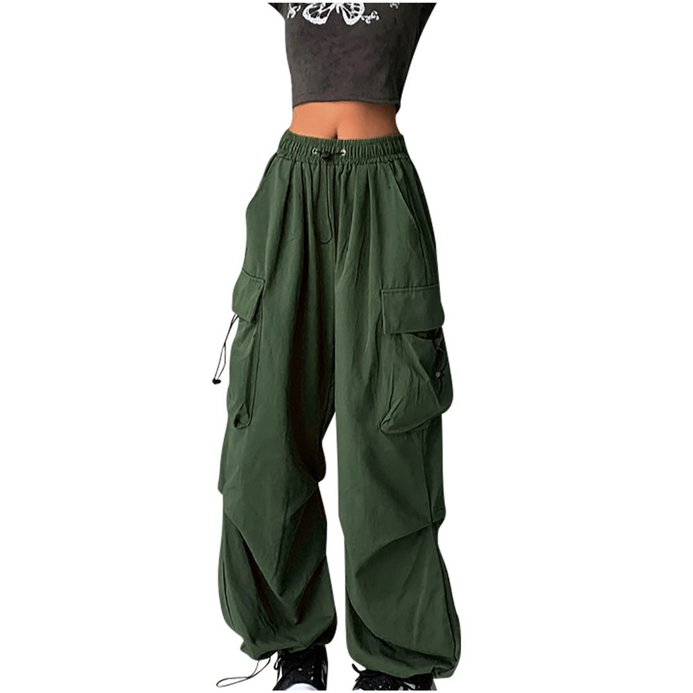Cargo Pants Women Baggy Parachute Drawstring Elastic Waist Casual Wide Leg Trendy Y2K Teen Girls Loose Hiking Trousers Green