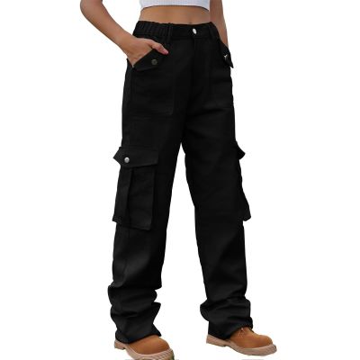 Women Parachute Relaxed Fit Cargo Pants Pants Y2K Teen Girls High Waist Hiking Wide Leg Pants Trendy Casual Trousers Black