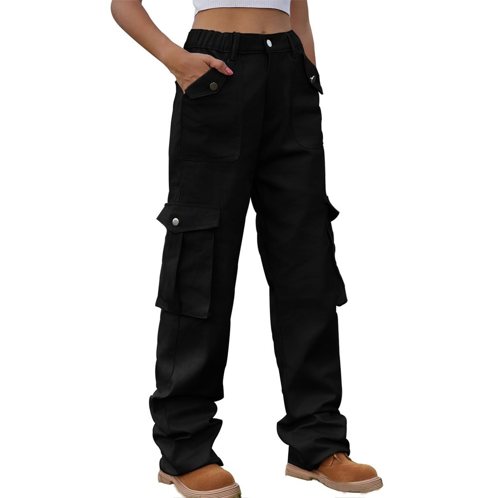 Women Parachute Relaxed Fit Cargo Pants Pants Y2K Teen Girls High Waist Hiking Wide Leg Pants Trendy Casual Trousers Black