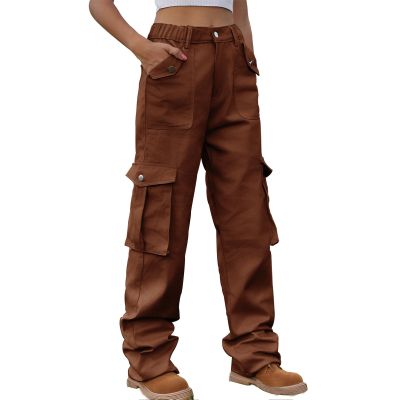 Relaxed Fit Women Cargo Pants Joggers Pants Elastic High Waist Y2K Teen Girls Pants Casual Straight Wide Leg Trousers Brown