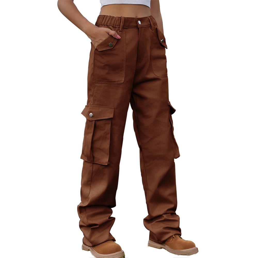 Relaxed Fit Women Cargo Pants Joggers Pants Elastic High Waist Y2K Teen Girls Pants Casual Straight Wide Leg Trousers Brown
