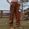 Relaxed Fit Women Cargo Pants Joggers Pants Elastic High Waist Y2K Teen Girls Pants Casual Straight Wide Leg Trousers Brown view 4