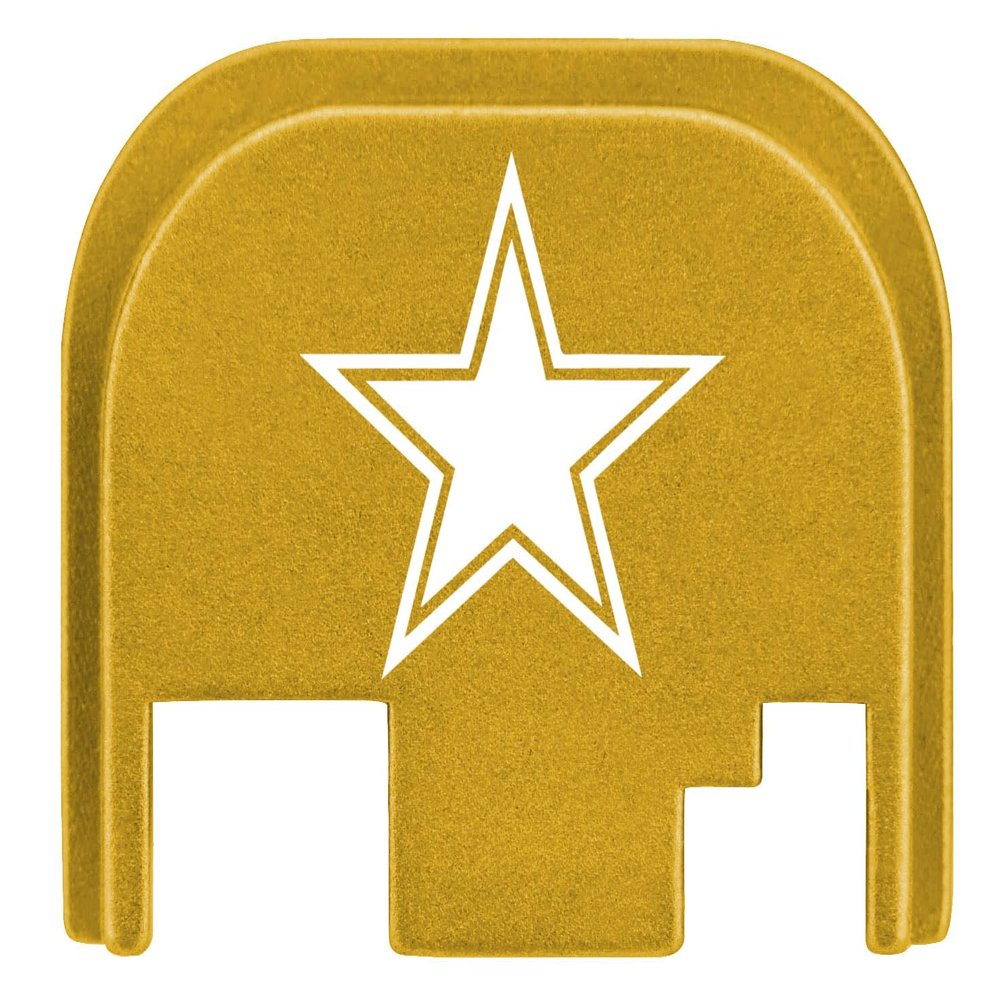 NDZ Performance Gen 1-4 Rear Slide Cover Plate for Glock 9mm .40 .357 .45 Laser Engraved Popular Images in Gold Aluminum - Dallas Star