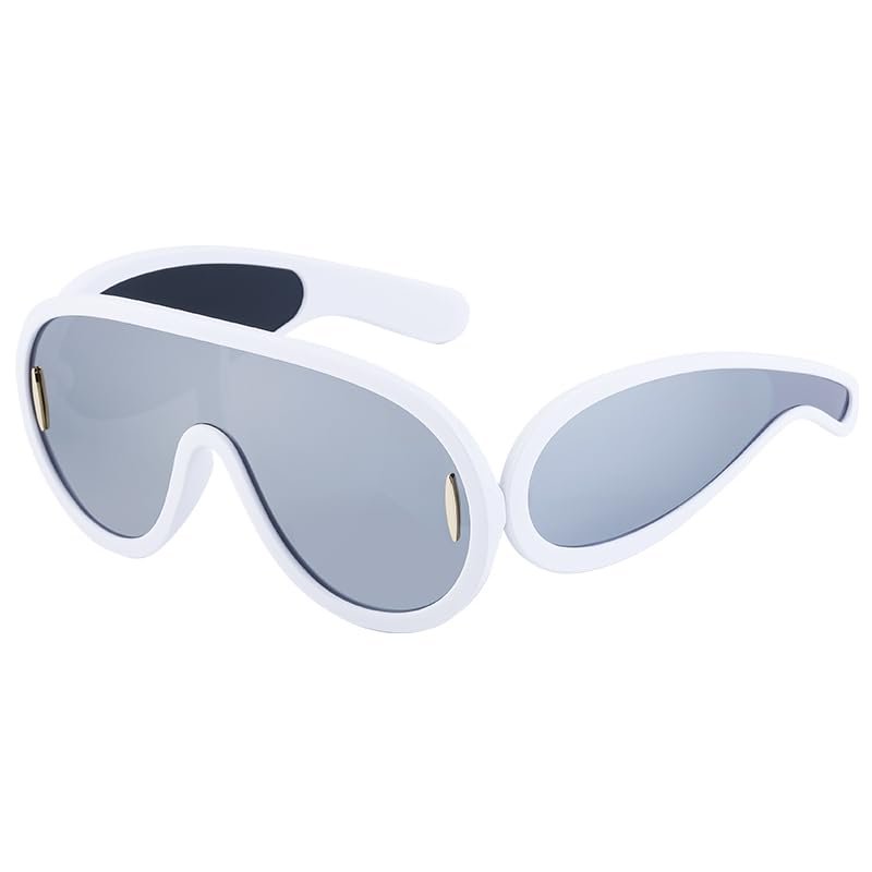 Women's Large Frame One Sunglasses for Sport Cycling Fashion Trend Shenxi (White-framed mercury sheets)
