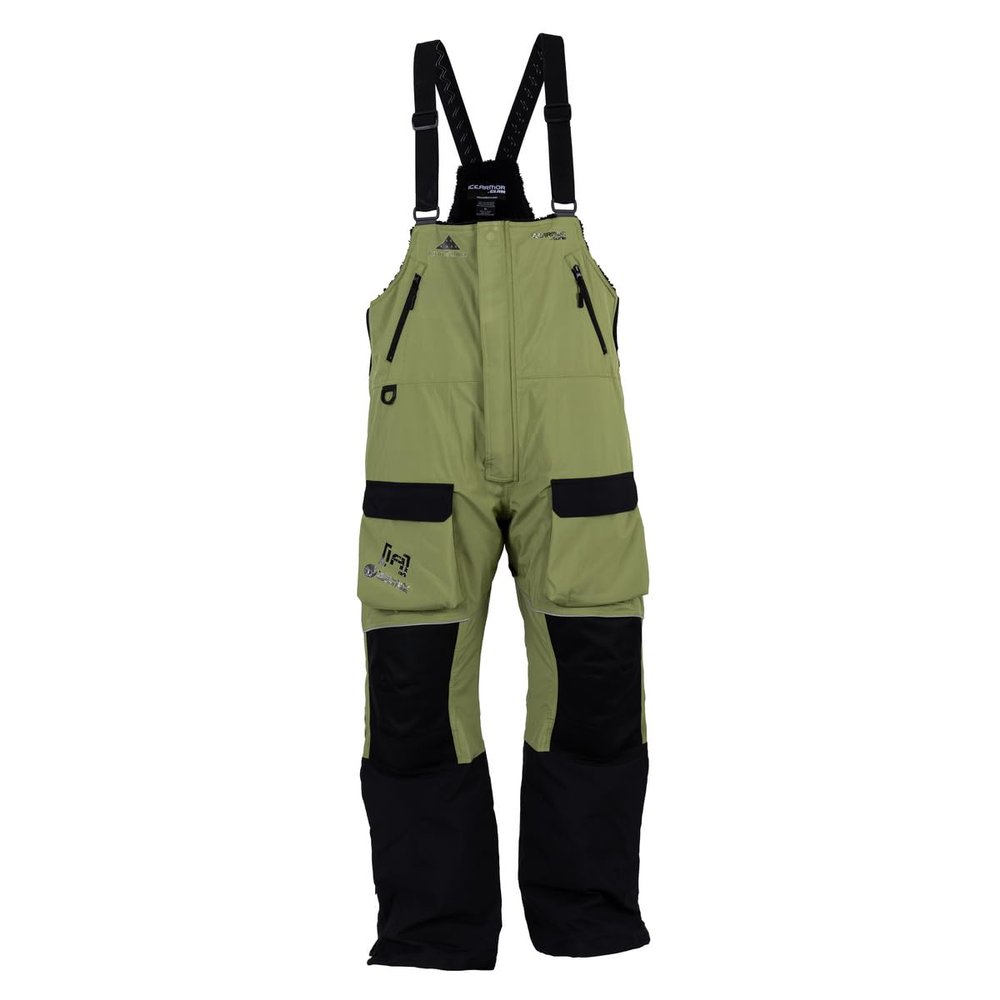 ICEARMOR by Clam Delta Float Bib  Insulated, Waterproof Ice Fishing Bib with MotionFloat Technology  Drab Green/Black (Large)
