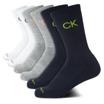 Calvin Klein Boys Crew Socks - 6 Pack Soft Stretch Performance Cushioned Comfort Mid Calf Athletic Socks for Boys, Size Medium, Navy/Grey/White