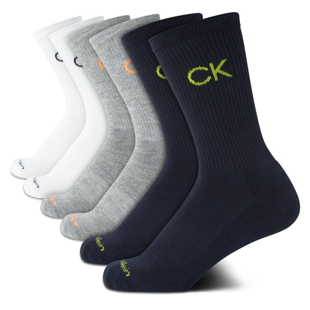 Calvin Klein Boys Crew Socks - 6 Pack Soft Stretch Performance Cushioned Comfort Mid Calf Athletic Socks for Boys, Size Medium, Navy/Grey/White