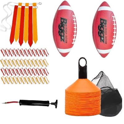 Biggz Flag Football Starter Kit - 48 Belts with (2) Junior Size Footballs and (2) Pumps + Bonus 25 Cones