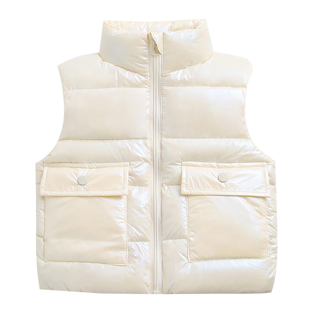 Toddler Boys Girls Winter Vest Sleeveless Collar Solid Color Down Vest with Pockets Smooth Zipper (White, 5-6 Years)