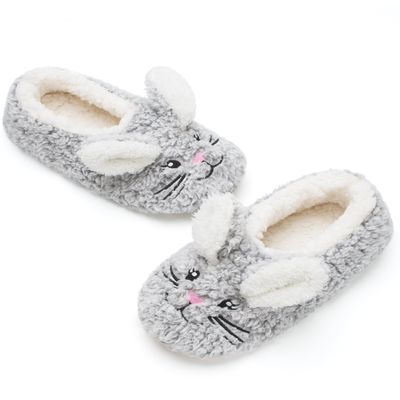 Cozylook Cute Animal Indoor Slippers for Women Kids Girls, Fuzzy Bedroom Cartoon Slip On Shoes, Kawaii Funny Face Warm Cozy Fluffy House Socks, Fun Christmas Gifts Unique, Grey Bunny Adult Size 11-12