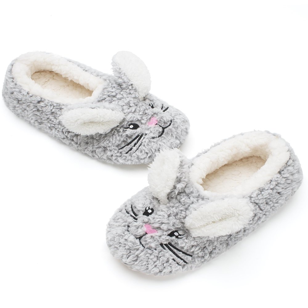 Cozylook Cute Animal Indoor Slippers for Women Kids Girls, Fuzzy Bedroom Cartoon Slip On Shoes, Kawaii Funny Face Warm Cozy Fluffy House Socks, Fun Christmas Gifts Unique, Grey Bunny Adult Size 11-12