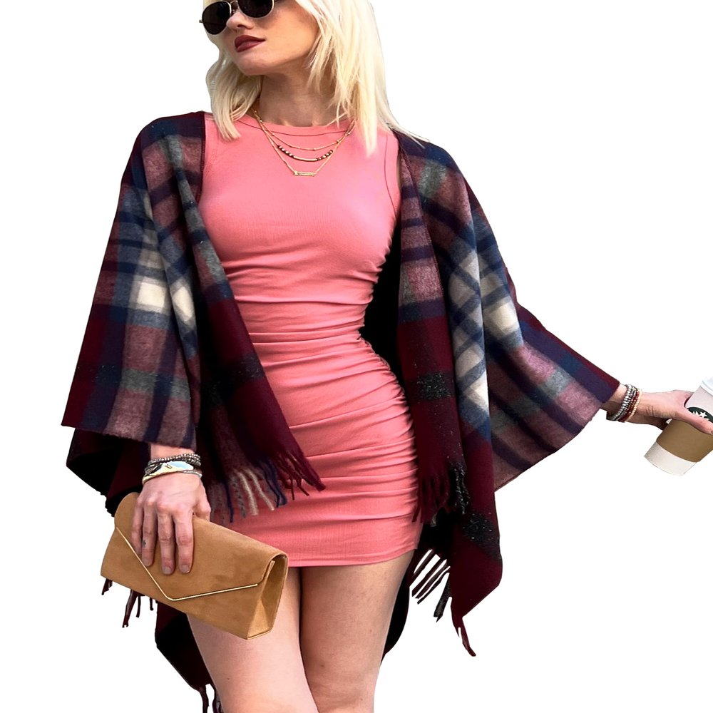 CATCHY & CRAFTY Poncho Shawl Wrap Ruana Cardigan Stylish Cape for Women Open Front Sweater Holiday Gifts (Wine Plaid)