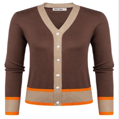 GRACE KARIN Button Down Cardigan for Women Long Sleeve V Neck Short Cardigan Sweater Casual Cardigan Sweater Fall Fashion Clothes Contrast Brown,S