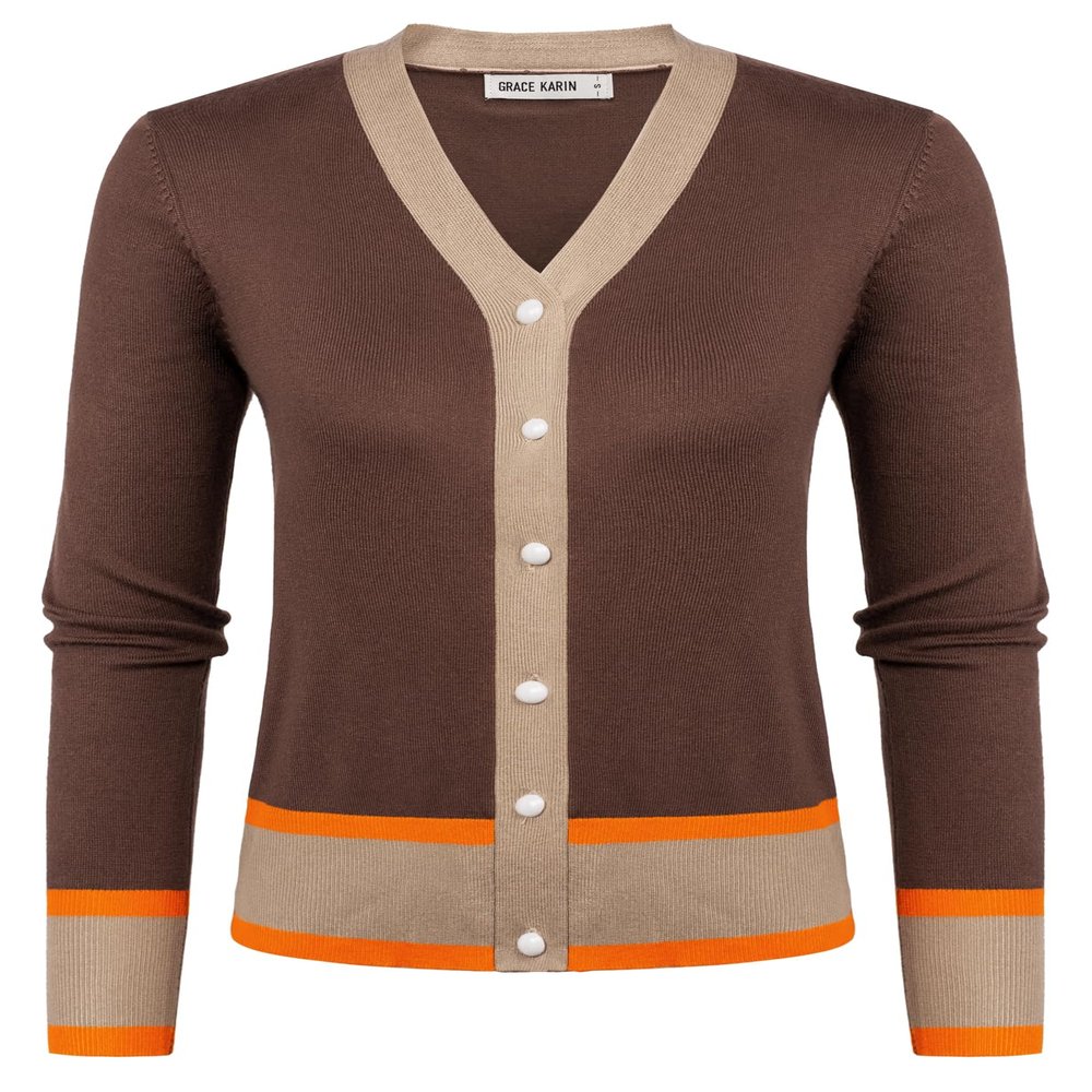GRACE KARIN Button Down Cardigan for Women Long Sleeve V Neck Short Cardigan Sweater Casual Cardigan Sweater Fall Fashion Clothes Contrast Brown,S