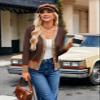 GRACE KARIN Button Down Cardigan for Women Long Sleeve V Neck Short Cardigan Sweater Casual Cardigan Sweater Fall Fashion Clothes Contrast Brown,S view 2