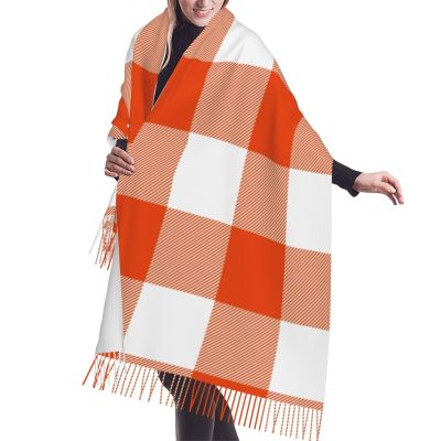 LMNSWDA Bright Orange and White Check Plaid Women's Fashion Cashmere Feel with Tassel Large scarf warm party shawl Wraps