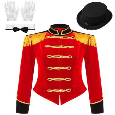 Moggemol Women's Circus Ringmaster Tassel Jacket Coat Velvet Victorian Tailcoat Party Costume B#Red01 X-Large