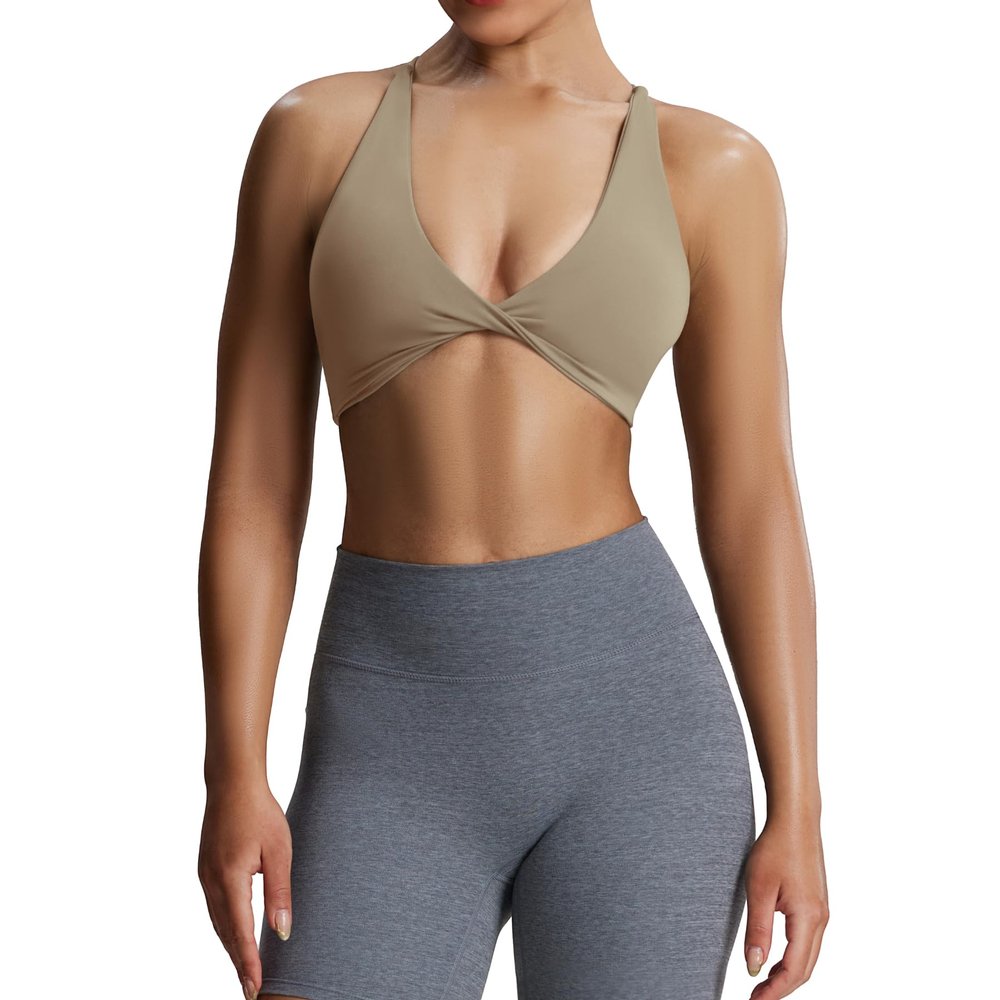 Aoxjox Women's Workout Sports Bras Fitness Metamorph Sienna Twist Bra Yoga Crop Tank (Taupe, X-Large)