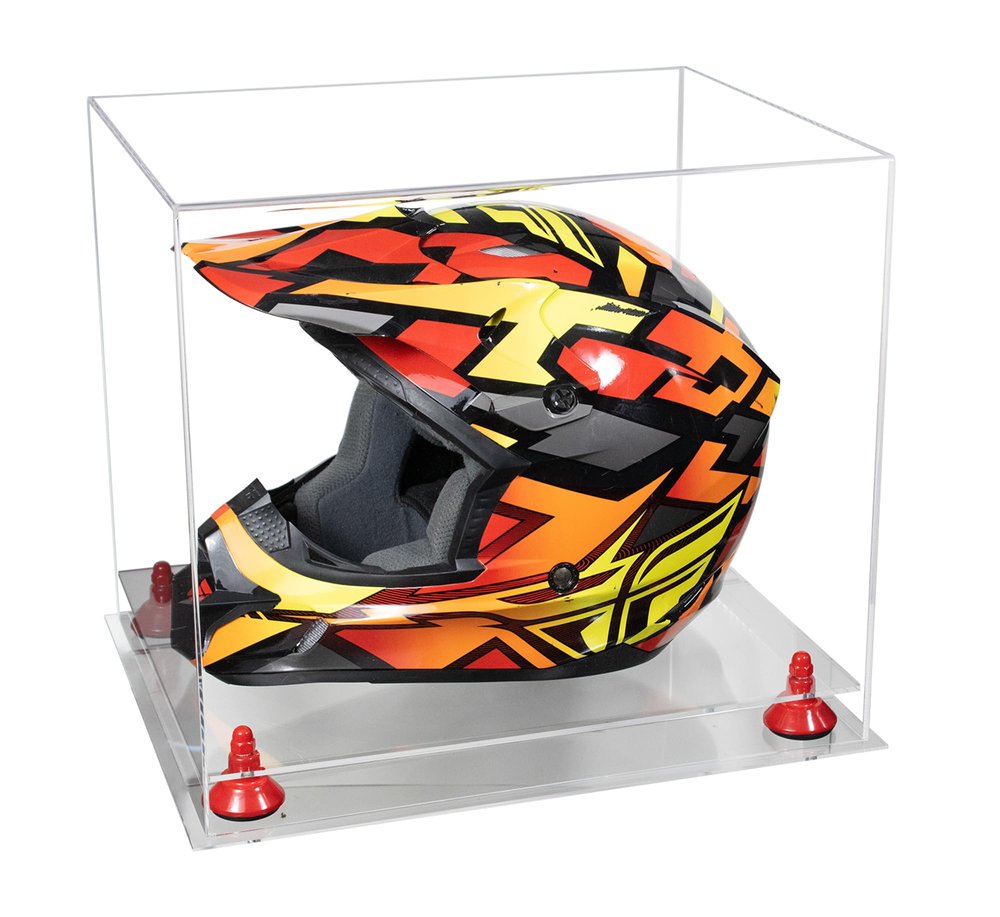 Better Display Cases Acrylic Motorcycle Motocross or Nascar Racing Helmet Display Clear Case, Red Risers and Clear Base - 16" x 13" x 14" (A024/V61)