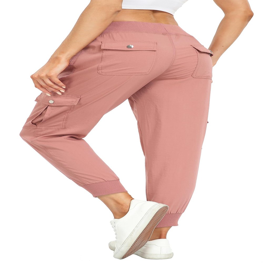 MISS MOLY Women's Cargo Pants Lightweight Hiking Quick Dry Joggers Casual Outdoor Elastic Waist Button Pockets Pink L