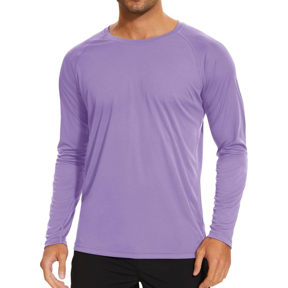 Men's Ice Silk Long Sleeve Shirts Quick Drying Breathable Undershirt Round Neck Sun Protection T-Shirt (Purple1,Small)