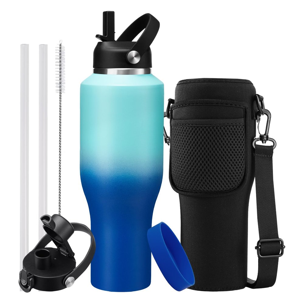 40oz Metal Water-Bottle with Straw - Fits Cup Holder, Insulated Water Bottles with Carrier Strap Bag & Boot, 40 oz Cup for Women & Men