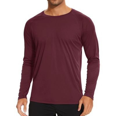 Men's Ice Silk Long Sleeve Shirts Quick Drying Breathable Undershirt Round Neck Sun Protection T-Shirt (Wine Red2,Medium)