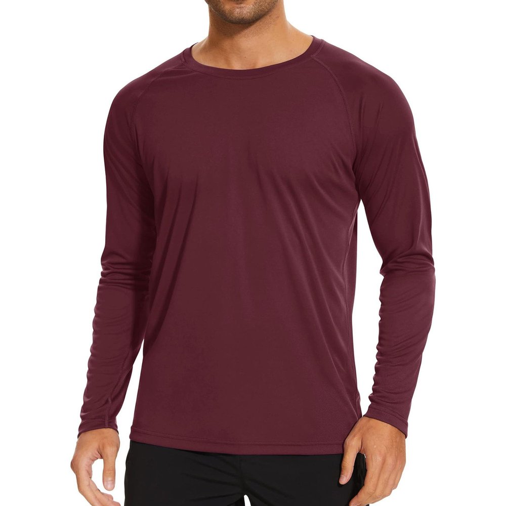 Men's Ice Silk Long Sleeve Shirts Quick Drying Breathable Undershirt Round Neck Sun Protection T-Shirt (Wine Red2,Medium)