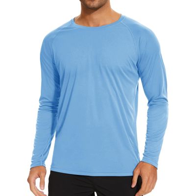 Men's Ice Silk Long Sleeve Shirts Quick Drying Breathable Undershirt Round Neck Sun Protection T-Shirt (Light Blue1,Large)