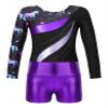 Nikiikoo Kids Girls 2Pcs Gymnastics Dance Outfits Long Sleeve Leotards with Shorts Athletic Biketards Unitards B#Amethyst03 10 Years view 3