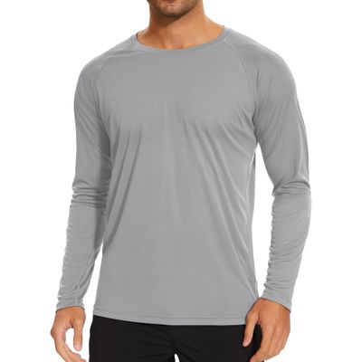 Men's Ice Silk Long Sleeve Shirts Quick Drying Breathable Undershirt Round Neck Sun Protection T-Shirt (Grey,Large)
