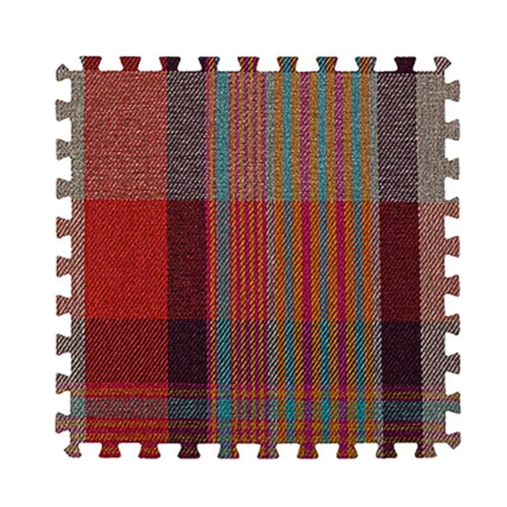 10 Pcs Plaid Interlocking Foam Mats Cotton Linen Foam Floor Mats Bohemian Style Interlocking Carpet Tiles for Home Gym, Floor Protection, Yoga, Fitness, Playroom, Exercise (Plaid red)