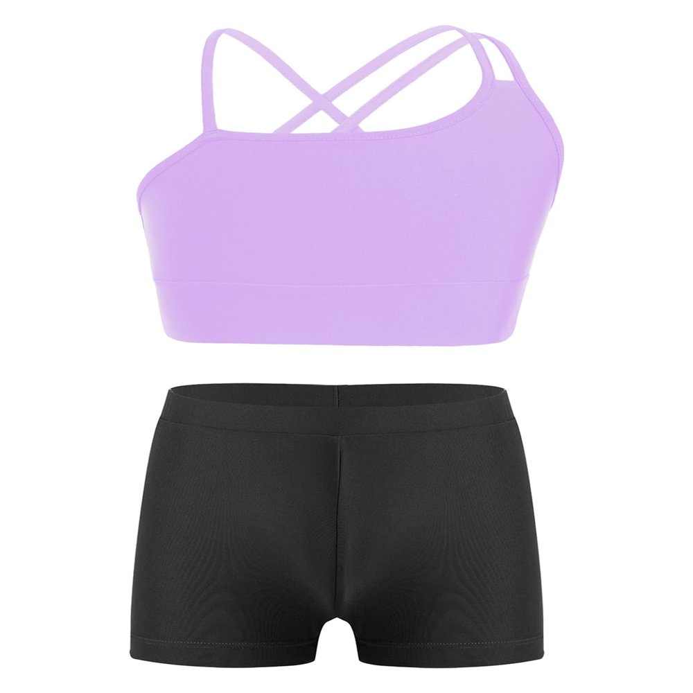 Nikiikoo Kids Girls 2Pcs Activewear Set Gymnastics Dance Sports Bra Crop Tops and Booty Shorts Tankini Swimsuit F#Lavender21 14 Years