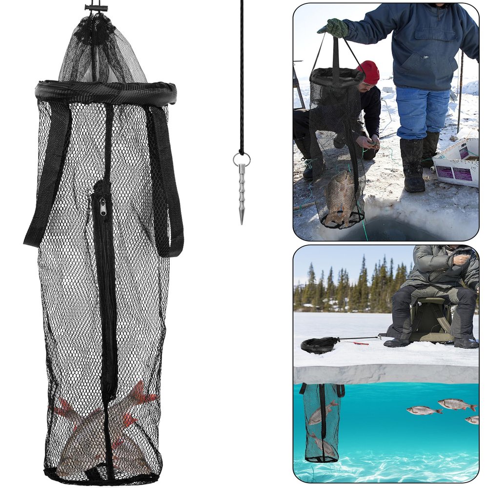 LFUTARI 1PC Ice Fishing Well - Portable Ice Fish Catching Basket - Lightweight Mesh Fishing Net Bag for Live Fish Fishing Bucket Storage Cage (1pc)