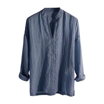 Men's Linen Cotton Long Sleeve Blouse Buttonless Solid Color Shirts Summer Fast Drying Top T-Shirt (Blue,X-Large)