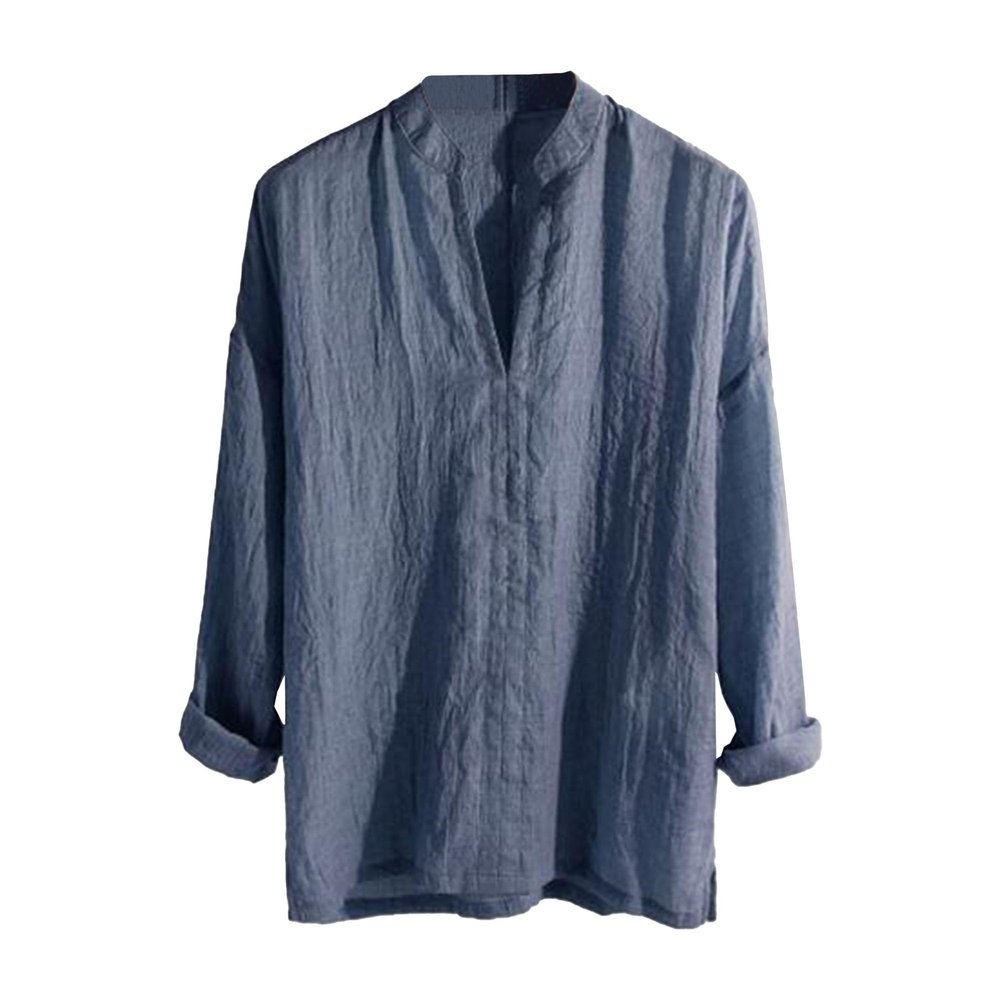 Men's Linen Cotton Long Sleeve Blouse Buttonless Solid Color Shirts Summer Fast Drying Top T-Shirt (Blue,X-Large)