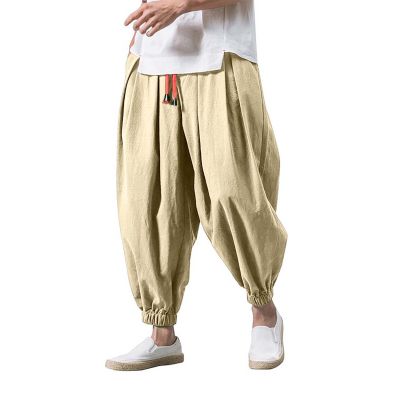 DAZLOR Mens Hip Hop Harem Pants Japanese Baggy Drop Crotch Wide Leg Joggers Summer Casual Loose Boho Hippie Yoga Beach Pants Khaki