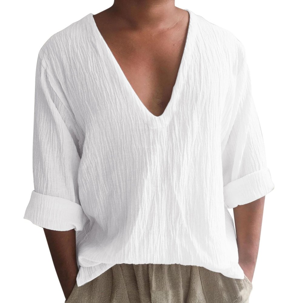 Maiyifu-GJ Men's Cotton V-Neck Long Sleeve Shirt Casual Loose Henley Shirt Summer Vocation Cool Tee Shirt (White,Medium)