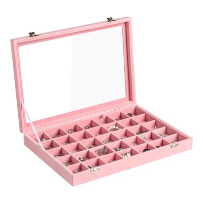 Frebeauty Velvet Jewelry Tray,35 Grid Jewelry Organizer with Clear Lid,Earring Holder Organizer Case with Clasp,Drawer Insert for Rings Studs,13.8 x 9.5 x 2 Inches,Gift for Women Girls(Pink)