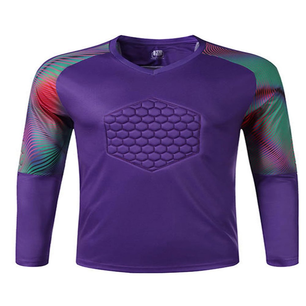 Fldy Kids Boys Soccer Jersey Goalkeeper Padded Goalie Shirt Long Sleeve Training Soccer Jersey Uniforms Purple D 14-15 Years