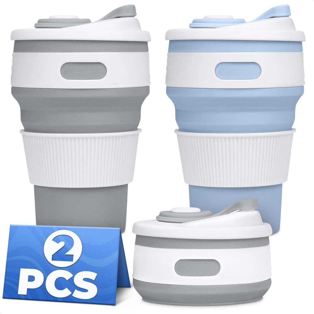 2-Pack ollapsible Cups for Traveling Reusable  12oz Leakproof Coffee Travel Mug, Silicone, Foldable & Portable for Hiking, Camping, Office | Lightweight Collapsible Coffee Cups for Easter Brunch